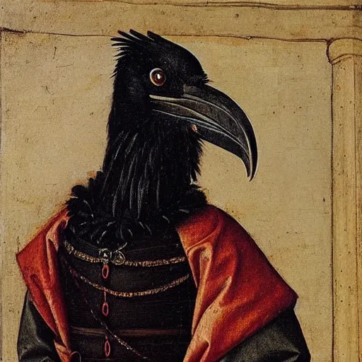 Image similar to a highly detailed renaissance oil painting of a raven dressed in elegant tudor clothes by hans holbein