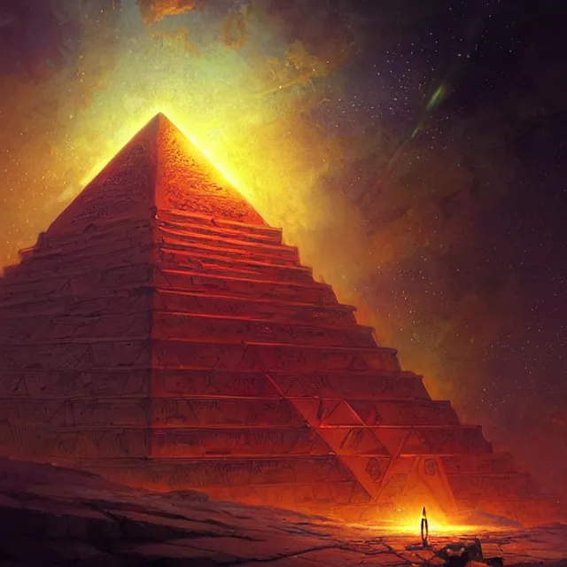 Prompt: the illuminati eye opening up from an orb above a pyramid, atmospheric lighting, intricate, volumetric lighting, beautiful, sharp focus, ultra detailed, in the art style of marc simonetti, bowater charlie and brom gerald, astrophotography