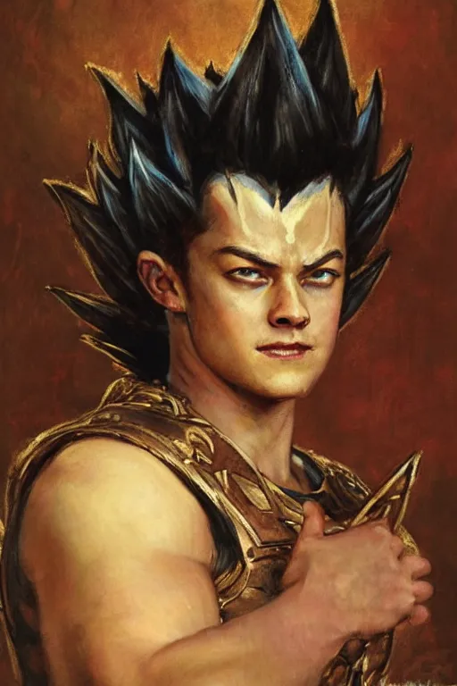 Image similar to portrait of taron egerton as prince vegeta. art by gaston bussiere.