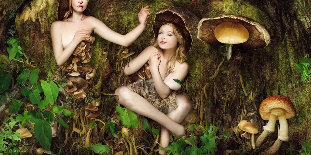Prompt: portrait of a beautiful mushroom princess in the forest