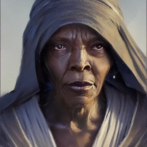 Prompt: portrait of a woman by greg rutkowski, old jedi master, afroamerican, wise and serene, star wars expanded universe, she is about 7 0 years old, wearing jedi robes.