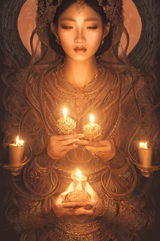 Image similar to Beautiful detailed portrait of an exotic goddess lit by candles, Nick Silva, Shin JeongHo, Wandah Kurniawan, Symmetrical composition with people centered, realistic proportions, trending on artstation