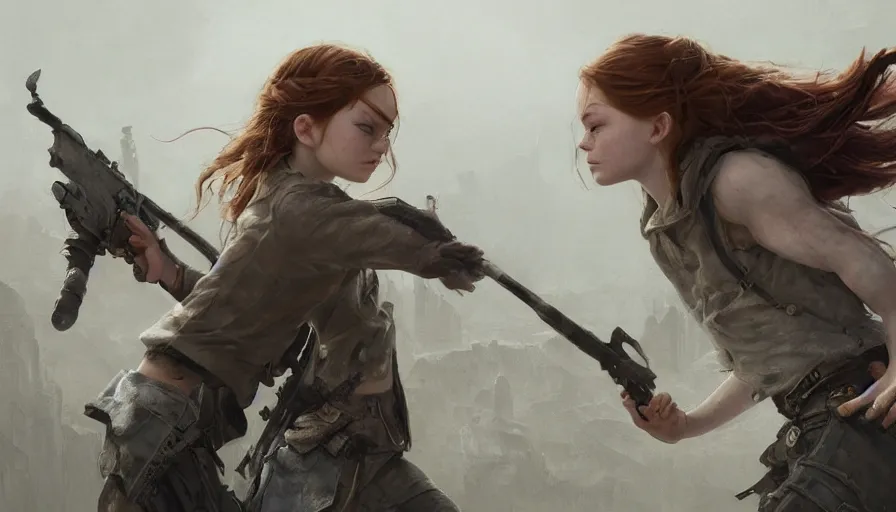 Image similar to a highly detailed epic cinematic concept art CG render digital painting artwork: Emma Stone and Sadie Sink back to back in an action scene. By Greg Rutkowski, Ilya Kuvshinov, WLOP, Stanley Artgerm Lau, Ruan Jia and Fenghua Zhong, trending on ArtStation, subtle muted cinematic colors, made in Maya, Blender and Photoshop, octane render, excellent composition, cinematic atmosphere, dynamic dramatic cinematic lighting, precise correct anatomy, aesthetic, very inspirational, arthouse