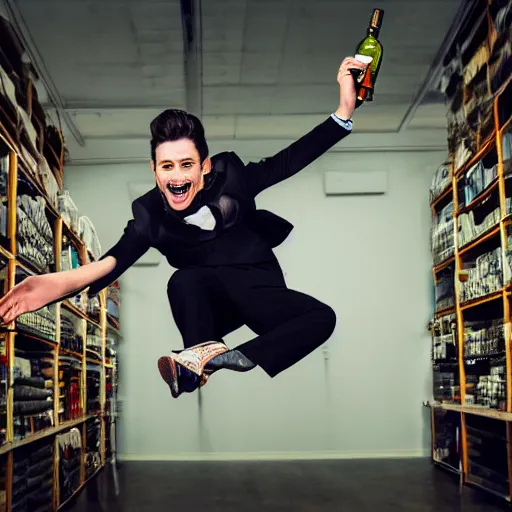 Image similar to a painting of a portrait of a male model boisterously dancing around the room by himself holding an empty wine bottle as he jumps in the air in a (warehouse), striking artistic concept, perfect composition, detailed facial expression, fine detail, dramatic lighting, award-winning photo UHD, 4K