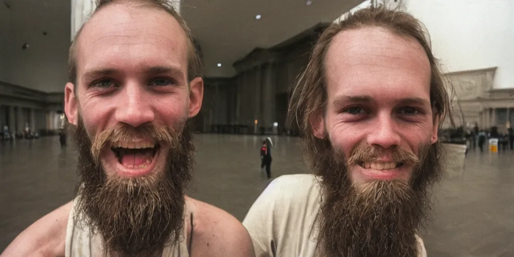 Image similar to far view, in british museum, extremely skinny malnourished redneck white male with long beard, wearing dirty overalls, dirty greasy face, grin, portrait, close up, kodak gold 2 0 0, 5 0 mm,