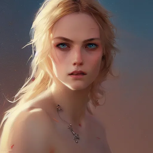 Image similar to full lentgth portrait of a young and beautiful blonde waif with piercing blue eyes, dramatic light, gorgeous view, depth, high detail, digital art, painted by greg rutkowski and vogue, trending on artstation