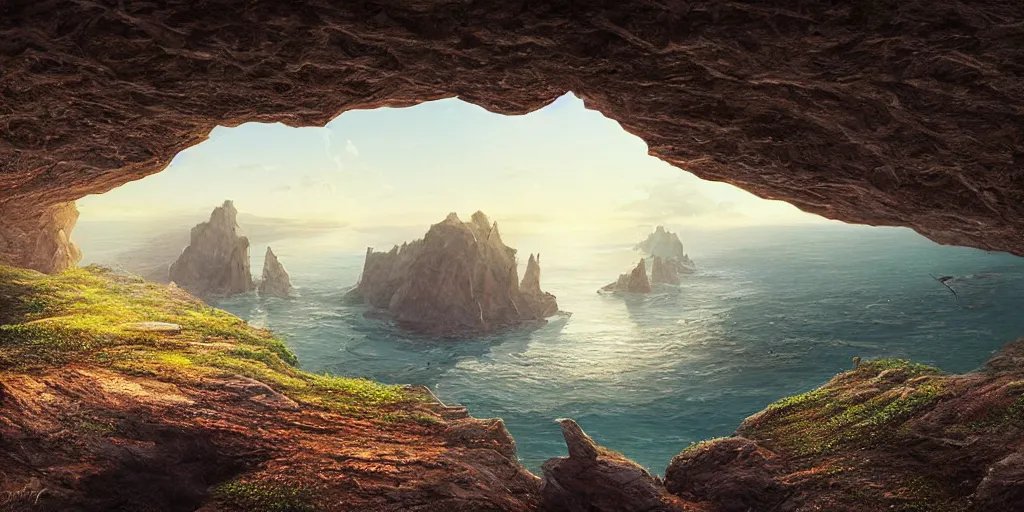 Prompt: Field in a cavern on the edge of a cliff overlooking the ocean by Jessica Rossier