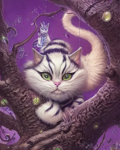 Image similar to an adorable cheshire cat asleep in a tree | highly detailed | very intricate | symmetrical | whimsical and magical | soft cinematic lighting | award - winning | closeup portrait | wonderland | painted by donato giancola and paul lehr and ross tran | pastel color palette | featured on artstation