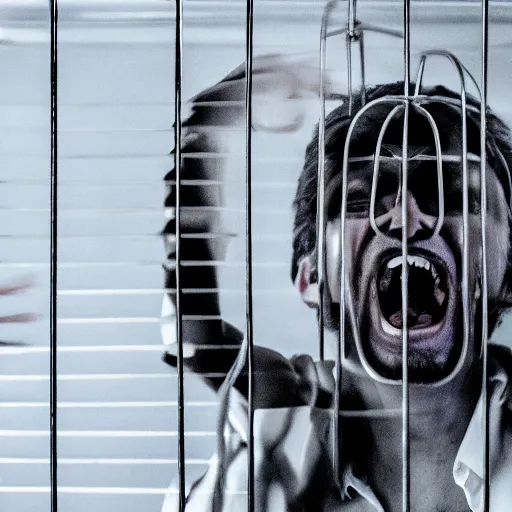 Image similar to a screaming man stuck inside a cage made of tedious paperwork