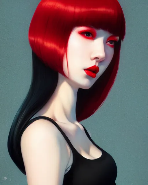 Prompt: side view of pale skin beauty in mini skirt and crop top, black hair, red lips, paint by ilya kuvshinov and ross tran and karol bak and stanley lau and anna dittmann and artgerm and xiaoguang sun and tian zi