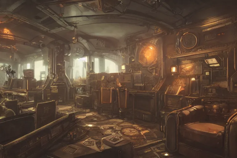 Prompt: interior of a steampunk videoclub, 3d scene, render, ultra realistic, zenith view, Greg Rutkowski, artstation, cgsociety, level design, unreal engine, 3d scene, render, ultra realistic, zenith view, Enki Bilal style