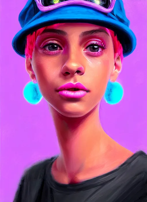 Image similar to portrait of teenage vanessa morgan with bright pink hair, black girl, curly pixie cut hair, wearing newsboy cap, pink short haircut, newsboy cap, hoop earrings, blue eyes, intricate, elegant, glowing lights, highly detailed, digital painting, artstation, concept art, smooth, sharp focus, illustration, art by wlop, mars ravelo and greg rutkowski