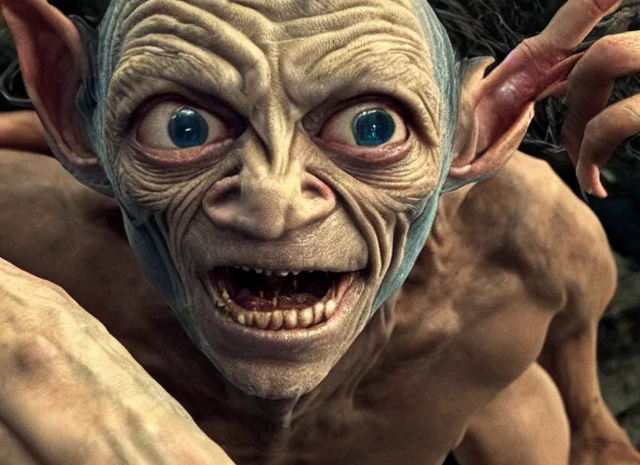 Image similar to ice poseidon playing as Gollum in The Hobbit (2012) , 35mm photography, highly detailed, cinematic lighting, dystopian, grunge 4k