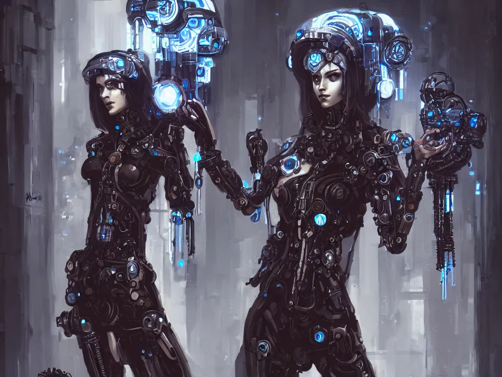 Image similar to cybernetic priestess with mechanical elements, cyberpunk, gothic, fantasy, science fiction, character concept art, painting,