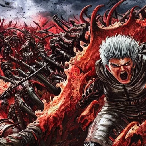 Prompt: Guts from Berserk and the Doom Slayer massacring a horde of demons in hell, wide angle lens, plains of hell, cinematic, hyperrealistic