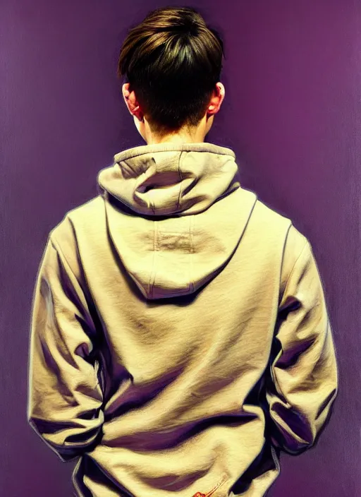 Image similar to young man in a purple hoodie, back view, messy short brown hair, colourful, oil painting, intricate, elegant, highly detailed, lighting, painting, artstation, smooth, illustration, art by greg rutowski and alphonse mucha