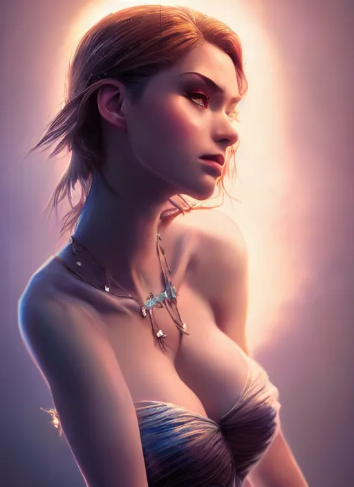 Image similar to beautiful fashion goddness, strapless dress, character portrait in the style of thomas river and artgerm, wlop, cinematic lighting, hyperdetailed, 8 k realistic, symmetrical, global illumination, radiant light, halo, love and mercy, frostbite 3 engine, cryengine, dof, trending on artstation, digital art, chanel