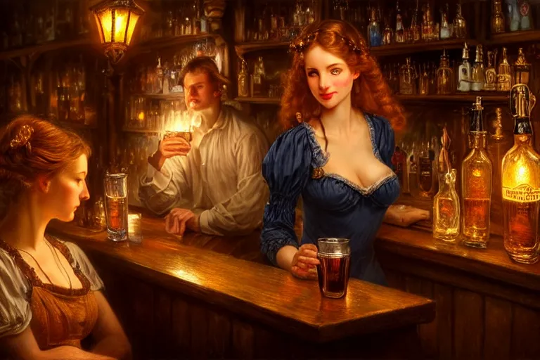 Image similar to a beautiful barmaid, dimly lit cozy tavern, relaxed pose, fantasy, intricate, elegant, dramatic lighting, emotionally evoking symbolic metaphor, highly detailed, lifelike, photorealistic, digital painting, artstation, concept art, smooth, sharp focus, illustration, art by John Collier and Albert Aublet and Krenz Cushart and Artem Demura and Alphonse Mucha, perfect facial symmetry