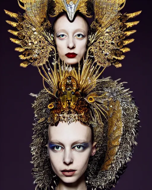 Image similar to a fantasy owl queen, beauty portrait, opulent costume inspired by iris van herpen