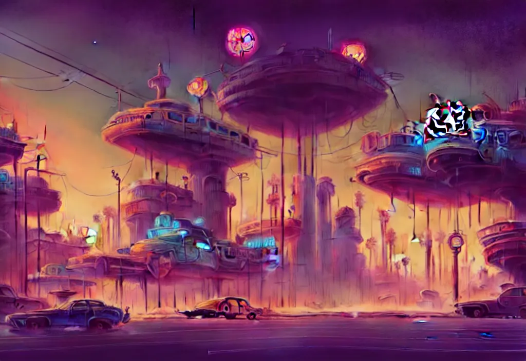 Image similar to A beautiful illustration of dystopian post-apocalyptic Las Vegas, trending on artstation, WLOP, cgsociety by Gediminas Pranckevicius, trending on cgsociety, Lisa Frank, bokeh, fractal Thunder glow by dan mumford