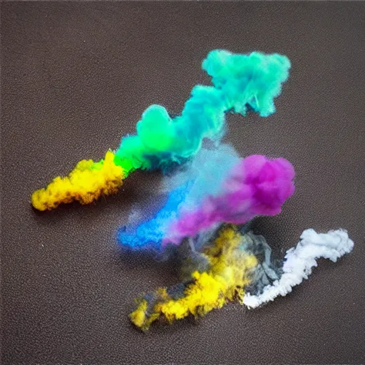 Prompt: smoke shaped like different color animals from a pipe
