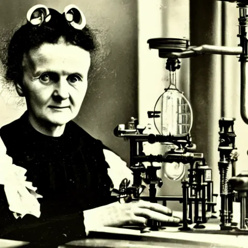 Image similar to Marie Curie with monocle, steampunk style, laboratory in the background