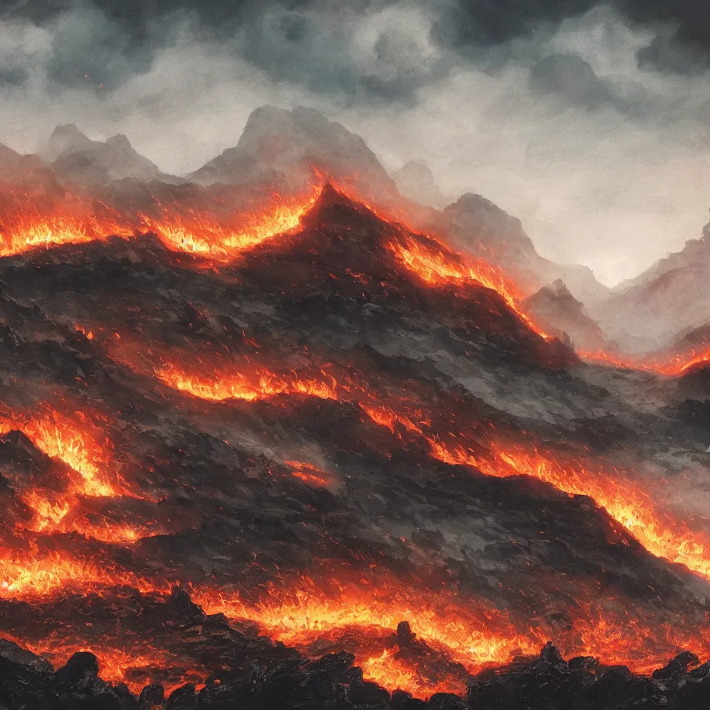 Prompt: Dead landscape, fire and lava, black volcano, rugged black clouds, ash in the sky, army of orcs gathering below, fantasy book illustration