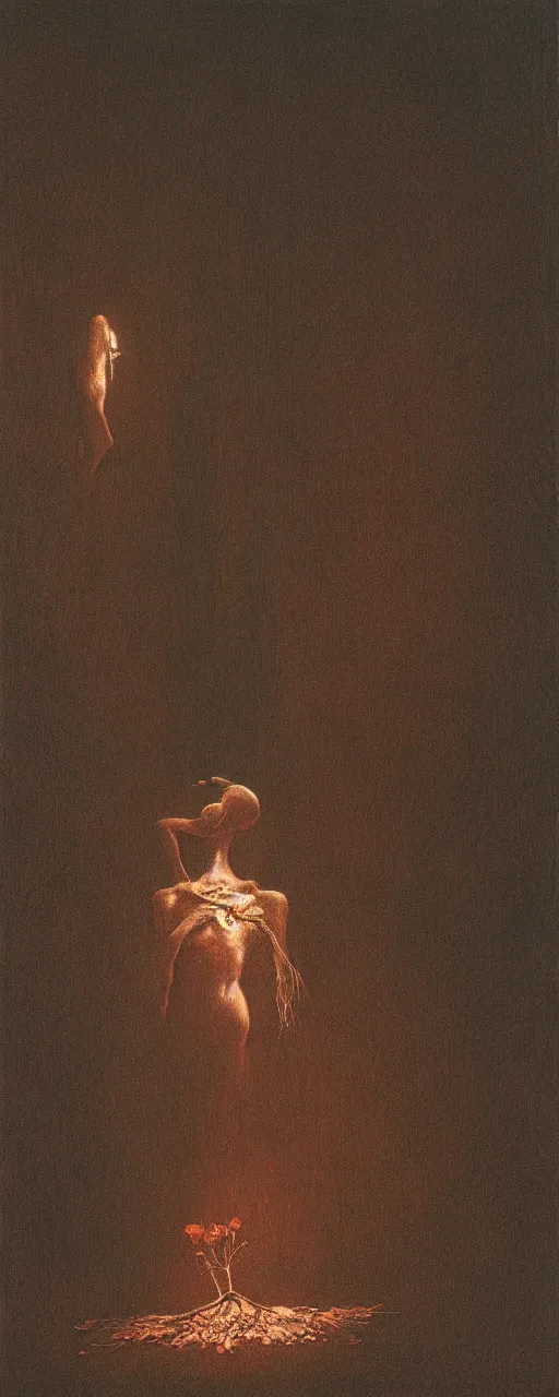 Prompt: dark figure tending to a dried flower in a dark room, zdzislaw beksinski, stephen gamell, 8 k, artstation, interior