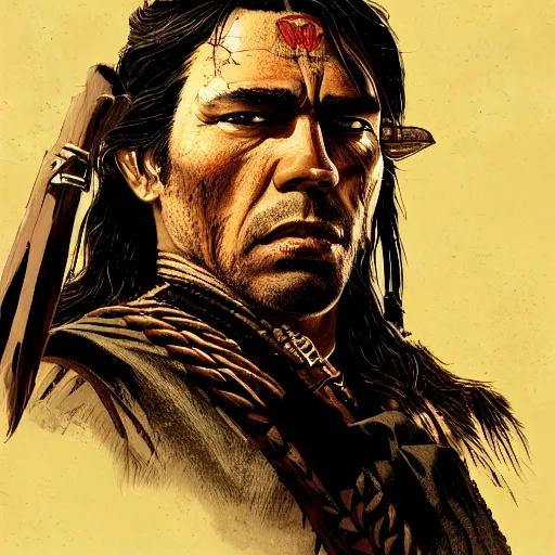 Prompt: portrait of a native american warrior of the old west, concept art, red dead redemption, django, fully coloured, golden hour, weird west, deadlands, dramatic lighting, digital art, 8 k, extremely detailed, drawn by ruan jia