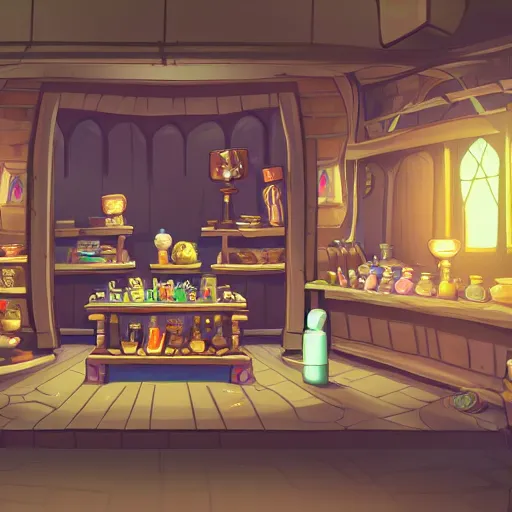 Prompt: inside a magical item shop, fantasy potion vendor interior, ufotable studio art style, wide angle, gothic interior