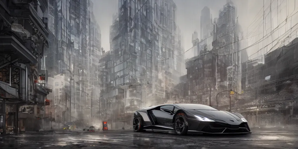 Prompt: black lego lamborghini in a future city. metabolism japanese architecture. soft light. cinematic. intricate. mist. low angle wide shot. highly detailed. matte painting in the style of pascal blanche. octane render. 8 k. trending on artstation