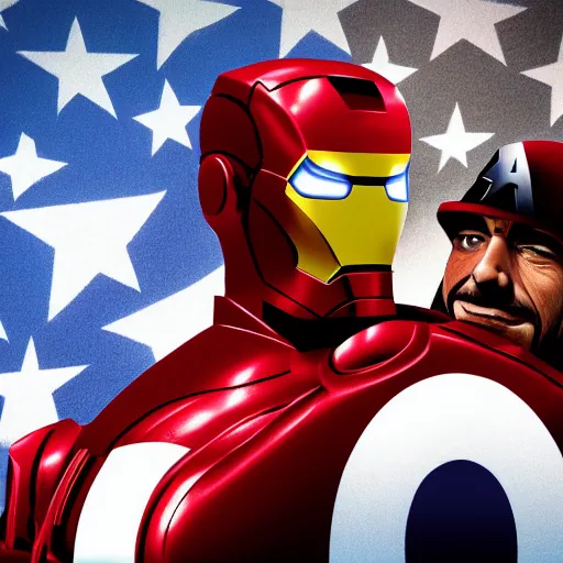 Image similar to A close-up studio photographic portrait of Captain American kissing Iron Man