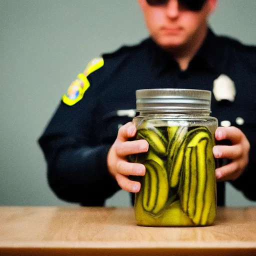 Prompt: cinematic coherent simple photo of police interrogating a jar of pickles