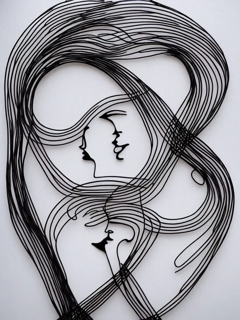 Image similar to elegant minimalist metal wire art of symmetrical and emotional dramatic female facial features and body silhouette, special curves, unusual twirls and funky spirals
