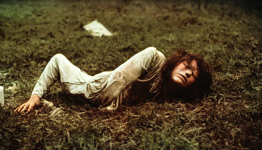 Prompt: 7 0 s film still from a horror movie about a person crawling out of a grave, kodachrome, cinecolor, cinestill, film grain, film texture, retro, cinematic, high resolution, photorealism,