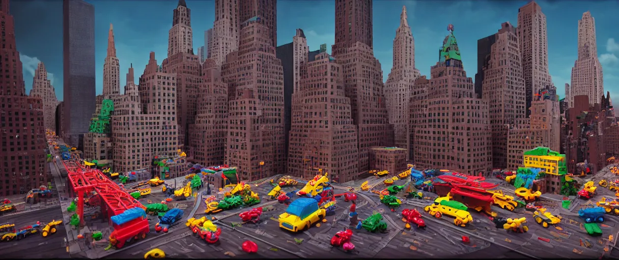 Image similar to ( ( new york ) ) made of kid's toys!!!!, by aaron slim, amazing details, atmospheric, 8 k, aesthetic octane render, street view, warm hue's