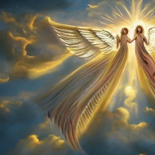 Prompt: angels descending through the golden rays of apocalypse