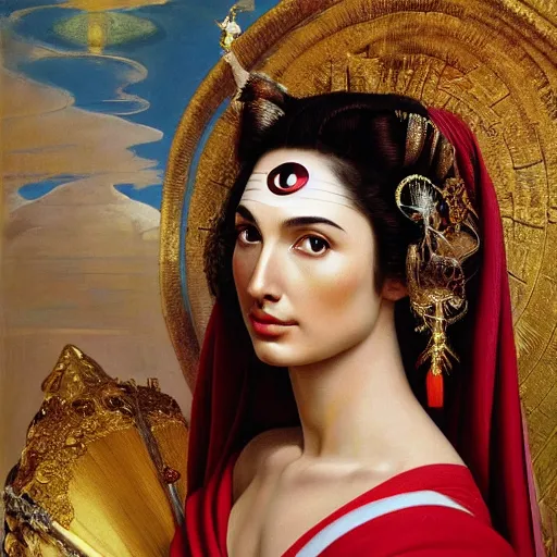 Image similar to Head and shoulders masterpiece portrait oil painting of the beautiful goddess Gal Gadot as Geisha, she is wearing roman clothes and a surreal jewelry, her hair is natural disheveled, she is approaching heaven over the clouds, naturalism, dramatic lighting, high-detailed oil painting by Ilya Repin, Michelangelo da Caravaggio, William Blake, Alex Grey and Beksinski, trending on Artsation, hystorical painting, naturalism, masterpiece, 4k, 8k,