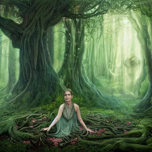 Image similar to Portrait of Carrie Fisher as a dryad, characteristic sparkling green eyes, looking straight to the camera, illuminated for rays of light, behind her is an ancient forest full of life, by Annie Leibovitz, Ellie Victoria Gale and Steve McCurry, matte painting, oil painting, naturalism, 4k, 8k