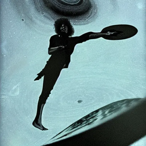 Prompt: Jimi Hendrix surfing the rings of Saturn by Glen Orbik