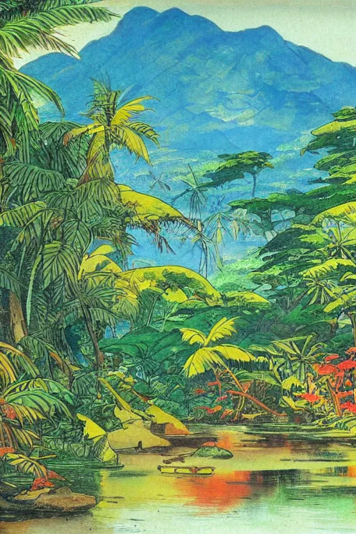 Image similar to a 2D drawing of a beautiful Philippine landscape, colorful and exotic by hiroshi yoshida