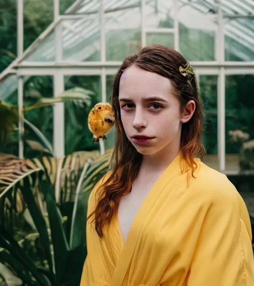 Prompt: head to shoulder Portrait an attractive young female that looks like Maya Hawke wearing a yellow kimono in a tropical greenhouse with a very detailed barn owl on her shoulder, medium format camera, 85mm f1.8, bokeh, Fashion shoot 8k, dreamy, elegant