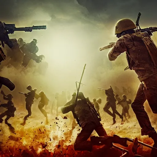 Image similar to bloody war scene, explosions, soldiers running, fog, sun beams, no text, painting style