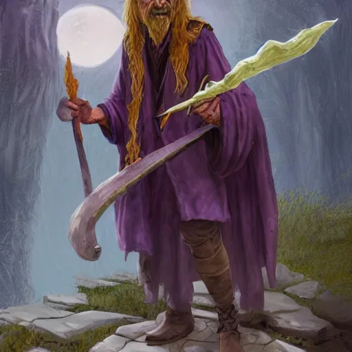 Image similar to Chawick the Fail Wizard, a young scrawny man in ragged and stained wizard's robes and hat. 8k resolution, full-length portrait, digital painting, fantasy art, D&D character art, greg rukowski, frank frazetta, larry elmore.