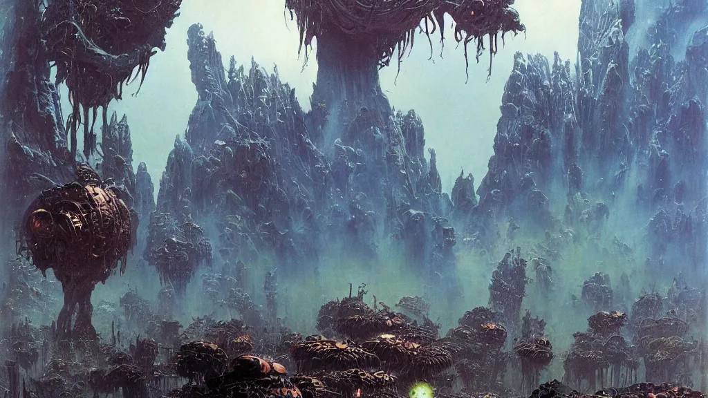 Image similar to surreal eerie alien planet empire with strange biomechanical plants by frank frazetta and bruce pennington, cinematic matte painting