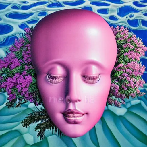 Image similar to award winning masterpiece with incredible details, a surreal vaporwave vaporwave vaporwave vaporwave vaporwave painting by MC Escher of an old pink mannequin head with flowers growing out, sinking underwater, highly detailed