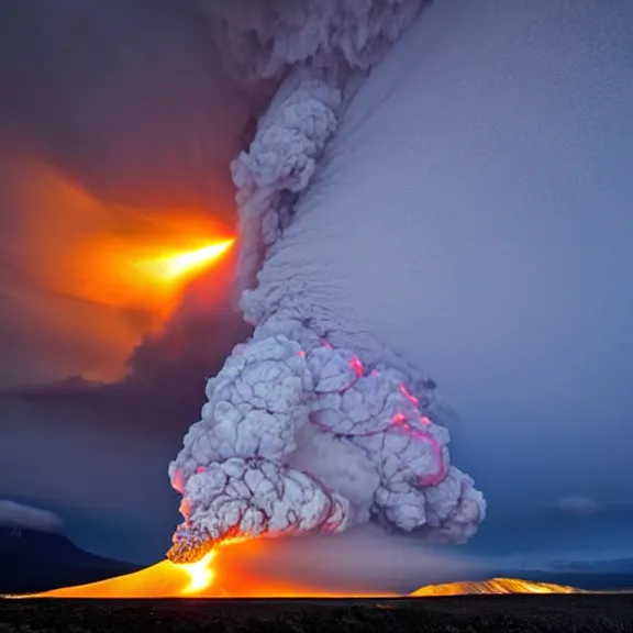 Image similar to stunning photography of the year winner, Osorno volcano erupting during sunrise, electrical storm above