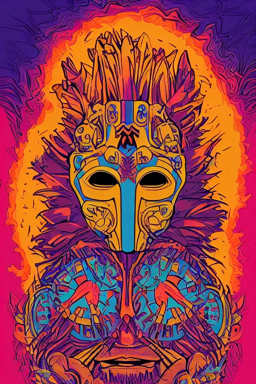 Image similar to animal mask totem roots flower tribal feather gemstone plant wood rock shaman vodoo video game vector cutout illustration vivid multicolor borderlands comics by josan gonzales and dan mumford radiating a glowing aura