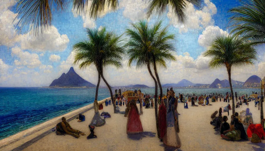 Image similar to a ultradetailed beautiful painting of the thunderstorm sky of the rio de janeiro palace balustrade designed by jules bastien - lepage, tarsila do amaral, frank weston and gustave baumann, beach, trending on artstation, mediterranean, palm trees, sharp focus, colorful refracted sparkles and lines, soft light, 8 k 4 k