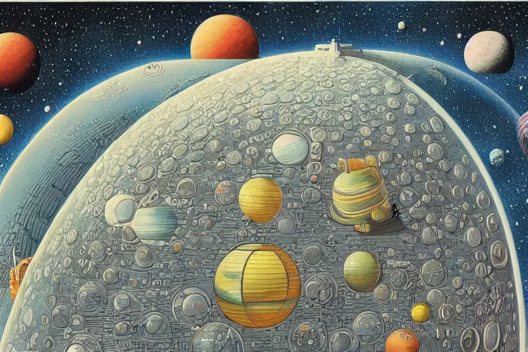 Image similar to retro science fiction outer space planet muted colors by jacek yerka